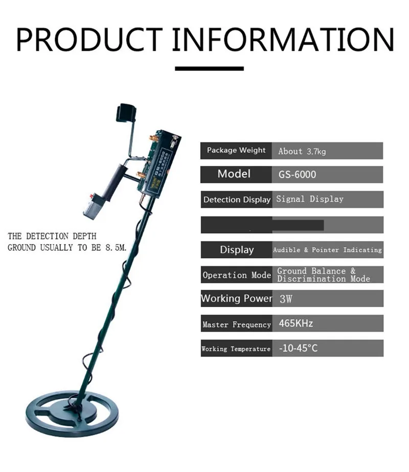 Underground Metal Detector Kit Waterproof High Accuracy Adjustable Rechargeable 334.65in 8.5meter Depth GS-6000 Metal Detector