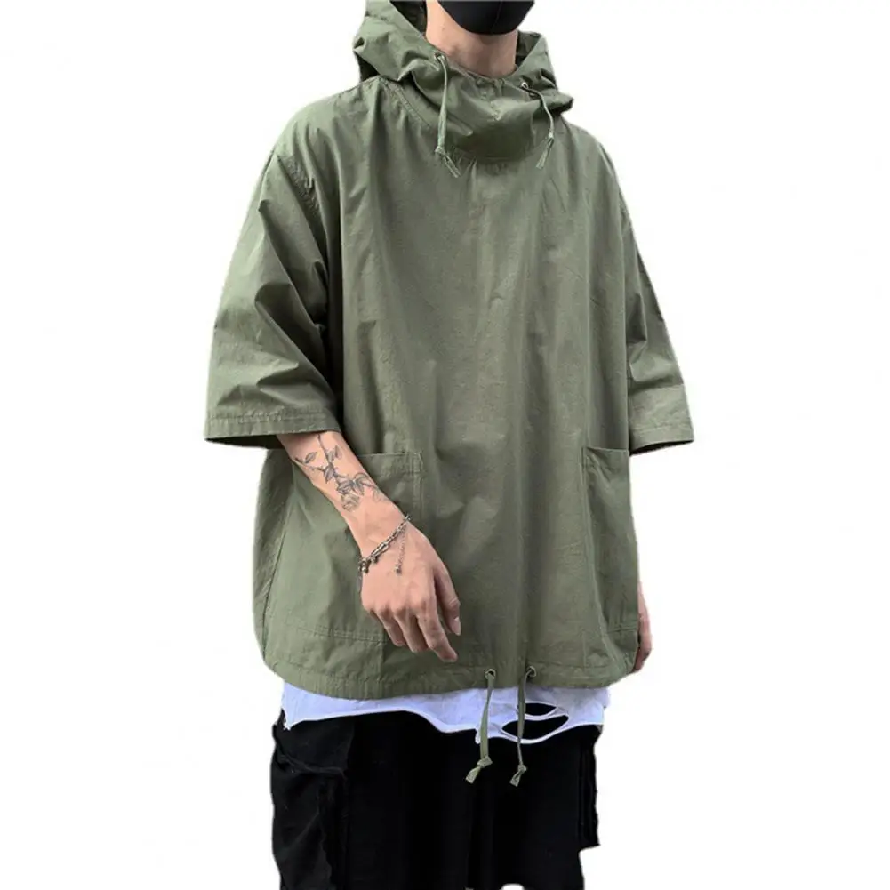 Attractive Hooded Jacket Polyester Pullover Jacket Solid Color Summer Men Pullover Jacket Streetwear  Dress-up