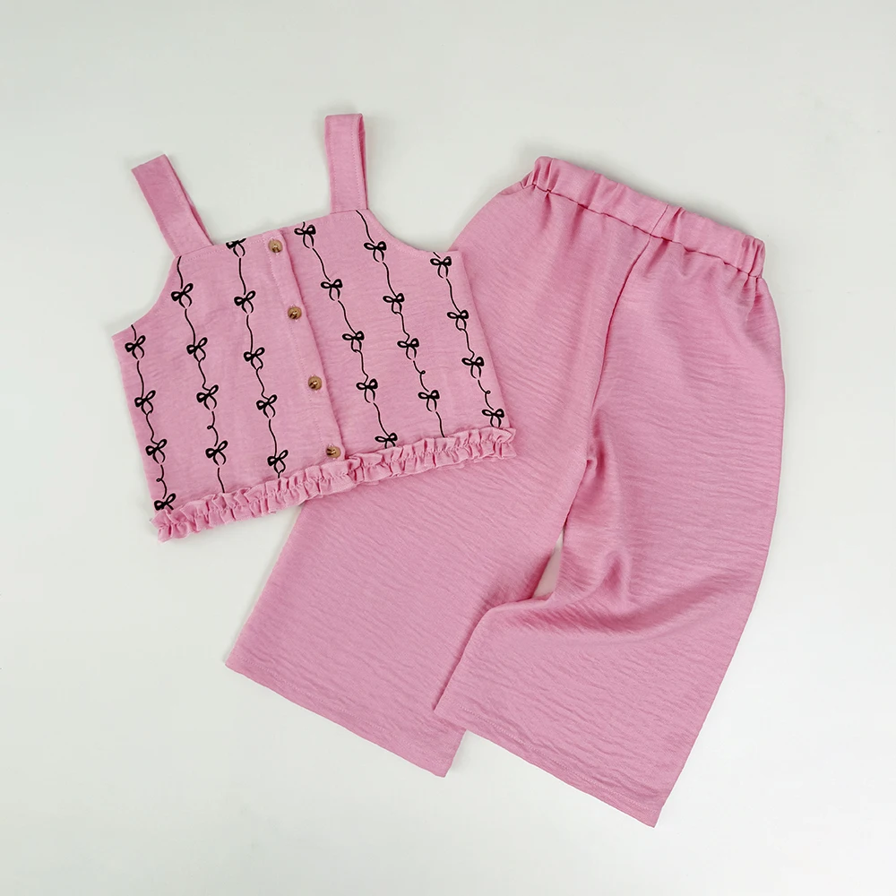 3-7 Years Old Solid Color Ruffle Girls Suit Summer New Bow Print Sleeveless Tops+Pants 2 Pieces Set Korean Version Kids Clothes