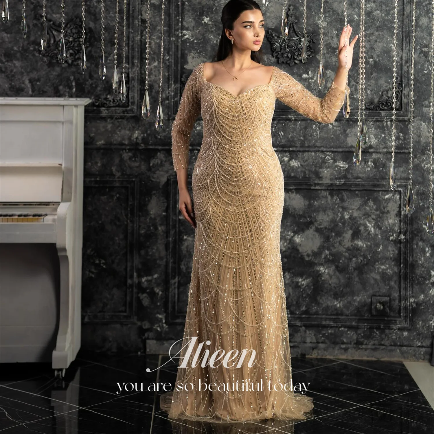 

Aileen Champagne Guest Wedding Evening Dresses 2025 Luxury فساتين سهرة Customized Vestidos De Festa Beads Off-shoulder Luxurious