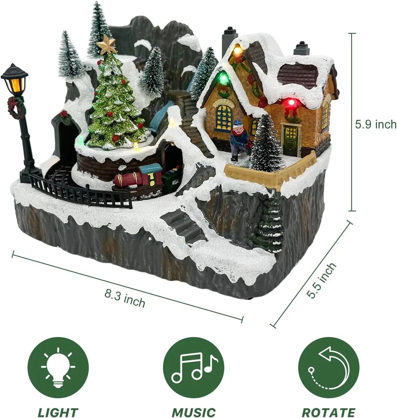 Estatuilla de pueblo navideño con música, luces, árbol y tren en movimiento para decoración navideña en interiores