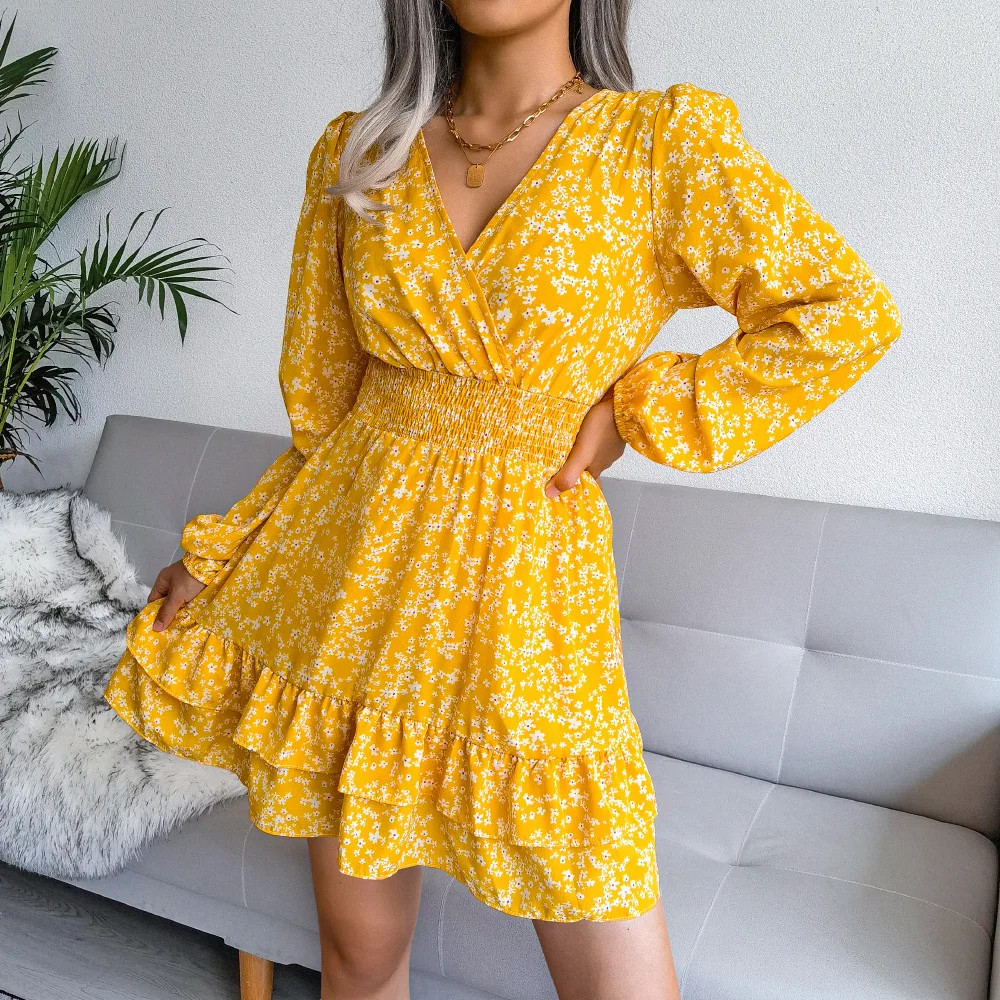 Ficusrong Women V Neck Floral Print Chiffon Dress Spring Autumn Full Sleeve High Waist Dress