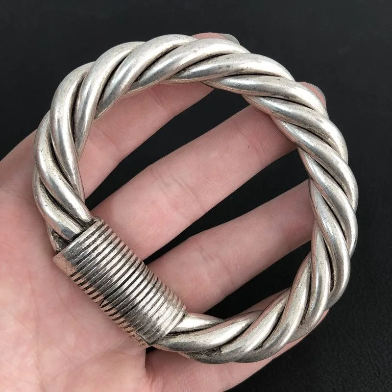 Handmade Filigree Miao Ethnic Bangle, Retro Traditional Minority Jewelry, Unisex Atmospheric Wrist Ornament