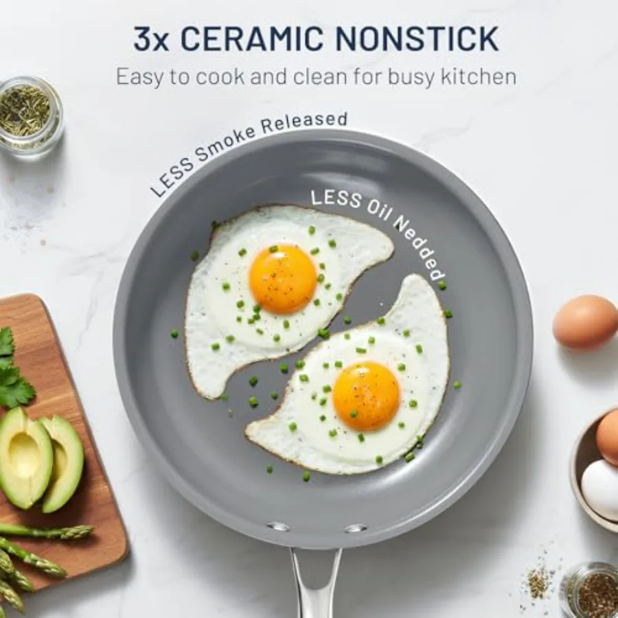 Керамическая сковорода с антипригарным покрытием, сковороды для омлета 3 размеров для здорового приготовления пищи, сковорода для яиц 8 + 9,5 + 11 дюймов с ручкой Stay Cool Fre