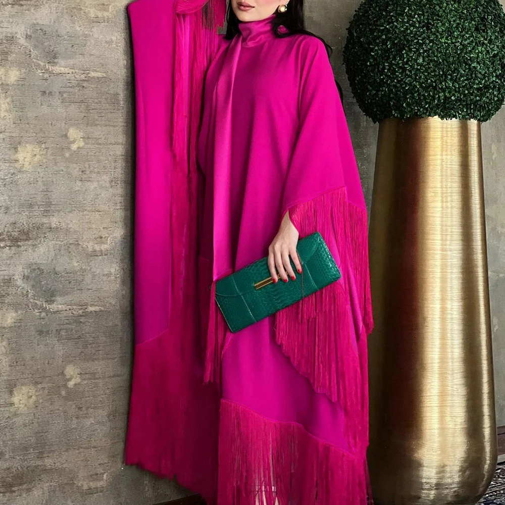 2024 New Dignified Muslim Bat Sleeve Tassel Robe Light Apricot Eid Al-Fitr Party Evening Dress Morocco Turkey Dubai Robe