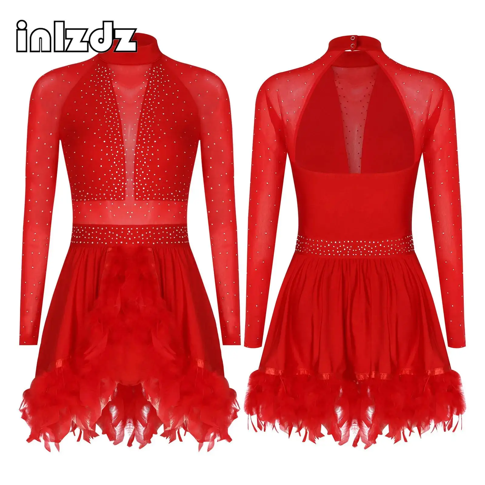 

Womens Modern Lyrical Latin Dance Dress Rhinestones Adornment Long Sheer Mesh Sleeve Feathered Hem Dress Performance Dancewear