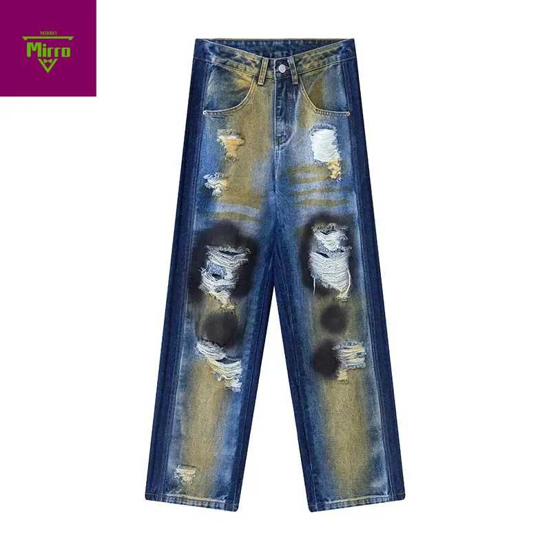 

High Street с дырками, окрашенные распылением граффити, рваные джинсы, потертые облегающие джинсовые брюки, мужские винтажные потертые джинсы