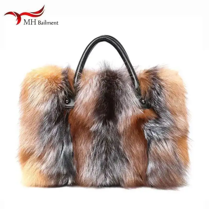 Autumn Winter New 100% Fox Fur Bag Shoulder Diagonal Package Female Fashion Handbag Ladies Luxury Brand Furry Big Fur Bag