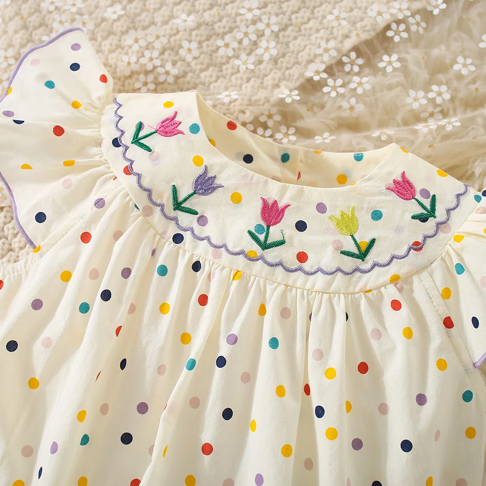 Summer baby girl jumpsuit with flower embroidery all over her body small dot print small flying sleeves and buttocks