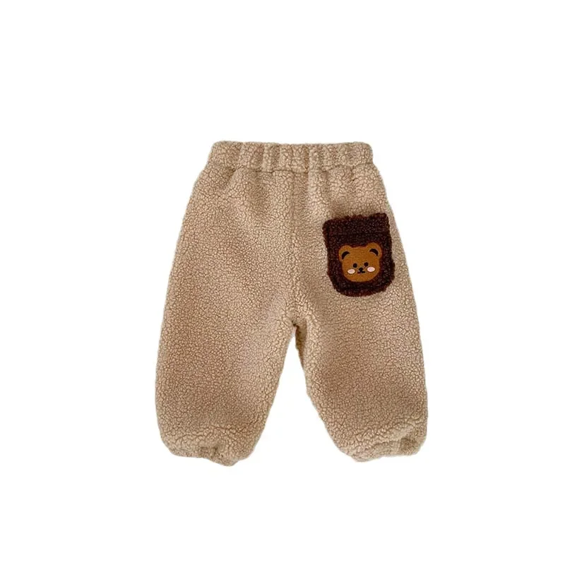 Winter Plush Thicken Warm Baby Pants Cute Bear 2023 Korean Toddler Plush Pants Double Layered Newborn Thick Outer Wear