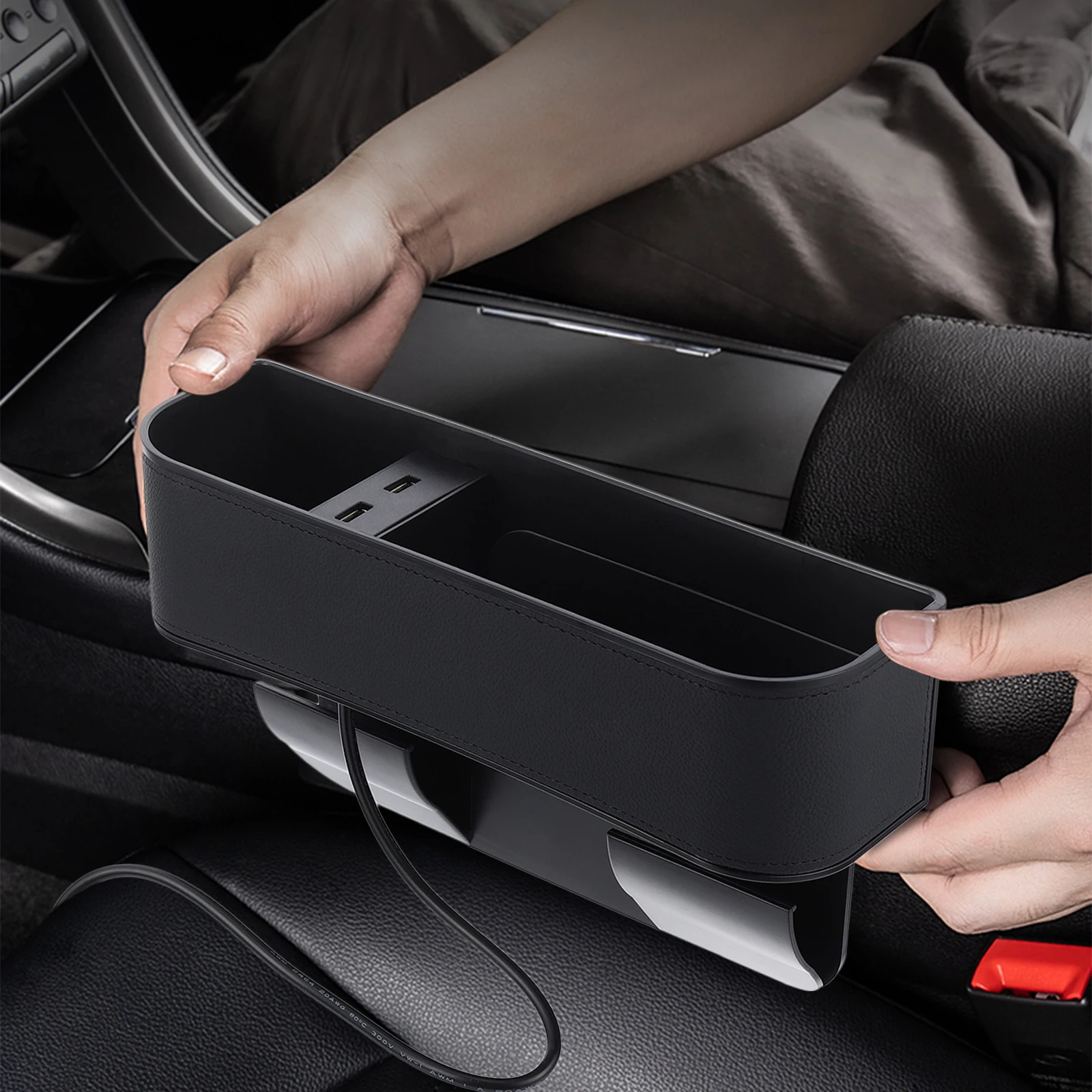 

1pc Usb Car Seat Gap Filler Storage Box Organizer Dual Ports Durable Abs Material Extra Storage For Smartphone Wallet Keys
