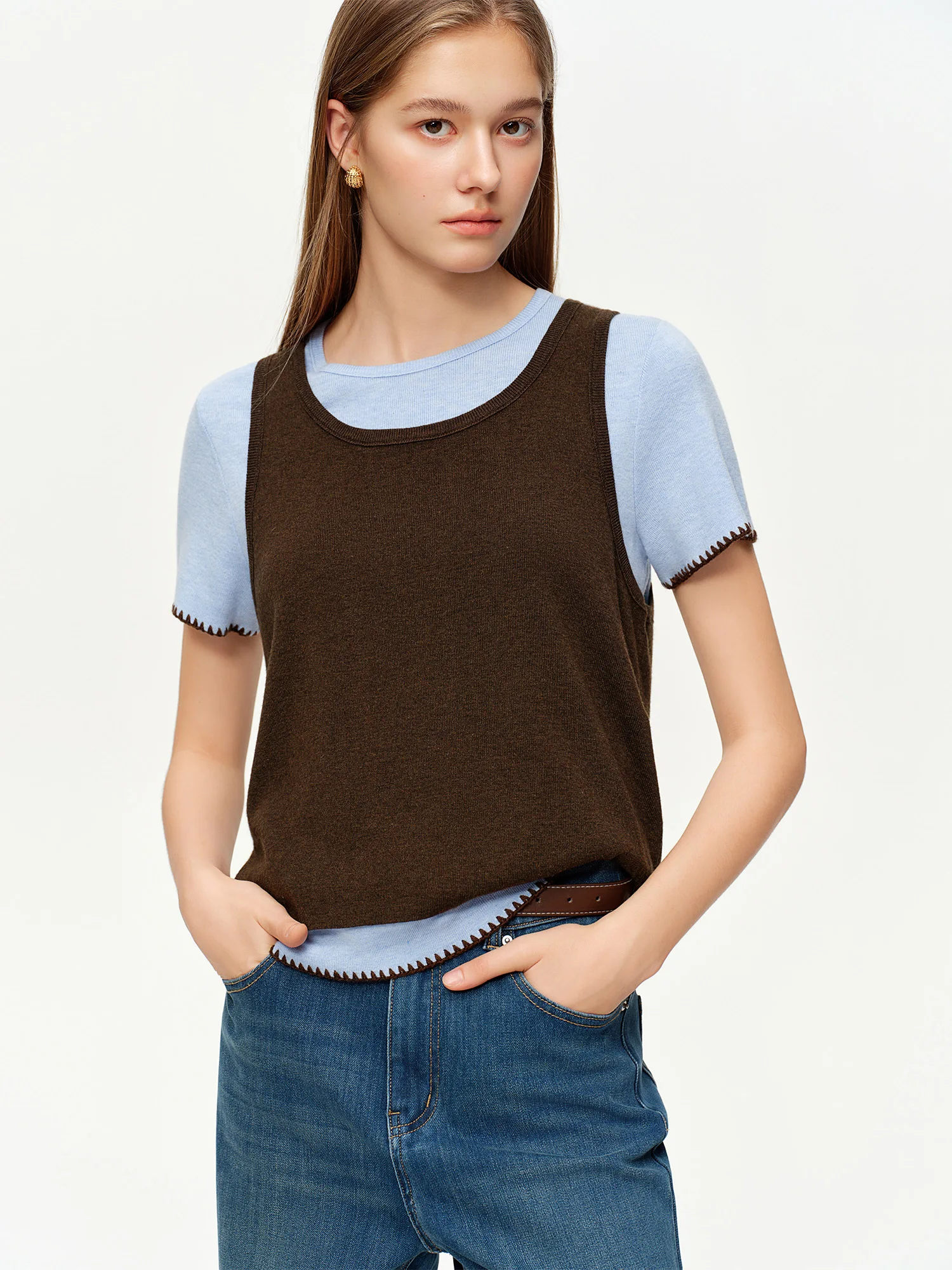 DUSHU Women's Two-Piece Color-Blocking Knit Tank Top Short Sleeve Set Spring 2026 New Arrival Fashionable Versatile Top Outfit