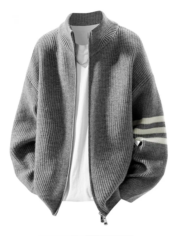 Men's Zipper Collar Open Cardigan Knitwear Loose Fit Three Stripe Autumn Winter New Style Casual Comfortable Soft Knitted Swe...