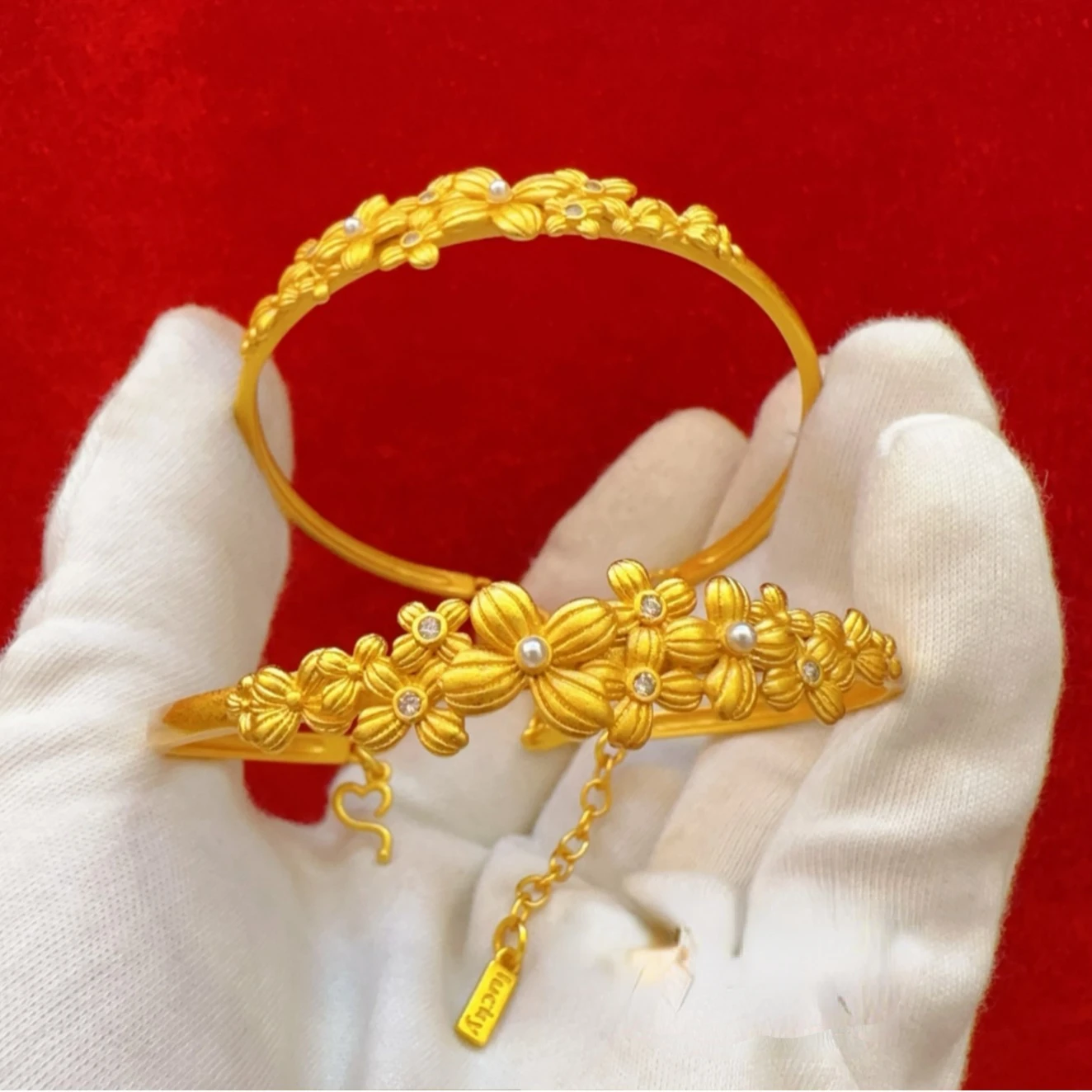 Fashion Flower Bracelet Set with Pearl 24K Yellow Gold Color Bangle for Women Birthday Party Bracelet Not Fade Jewelry Gifts