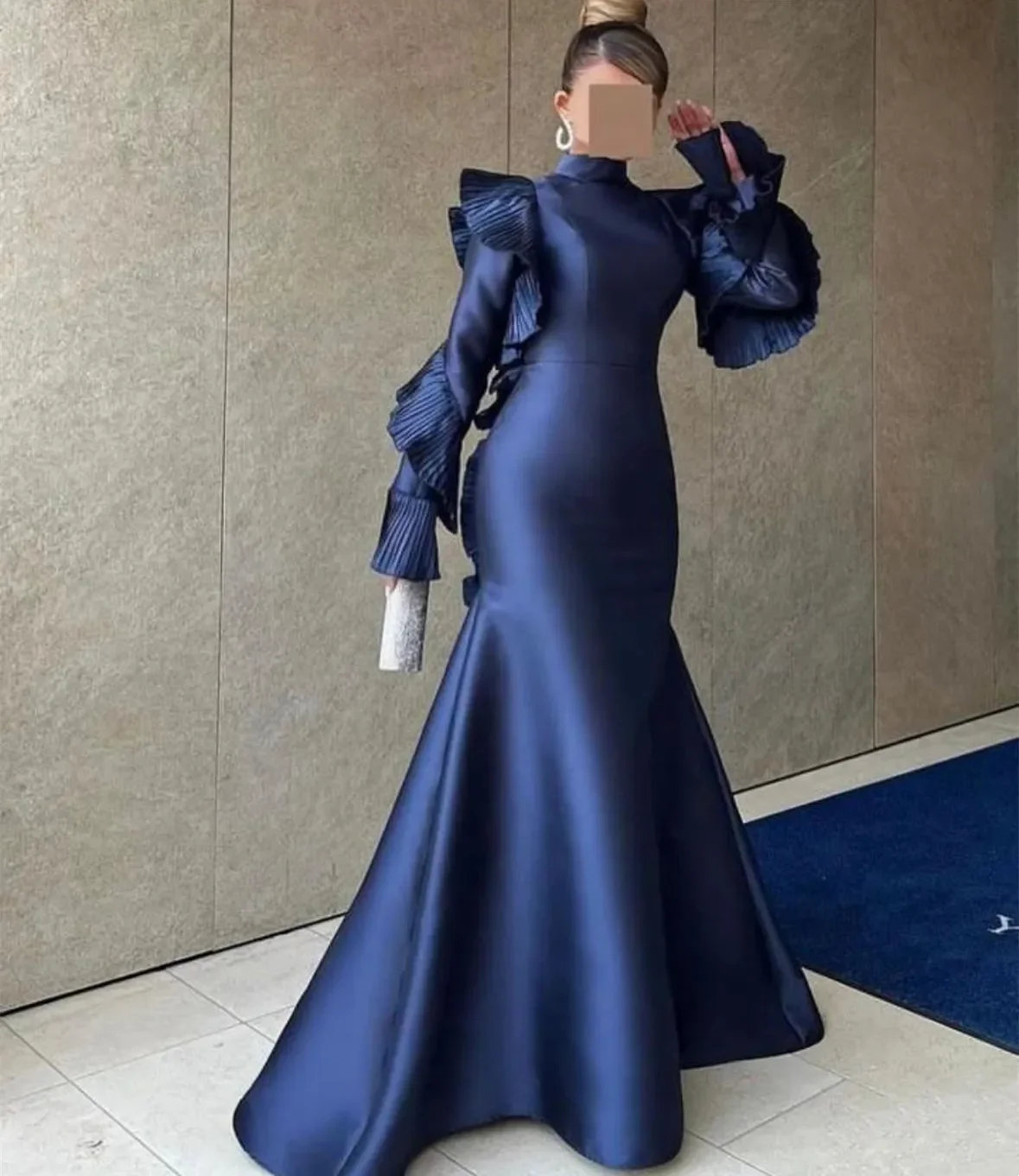 

Customized Elegant Long Evening Dresses Ruffled Mermaid High Neck Middle East Sweep Train Prom Dress Party Dresses for Women