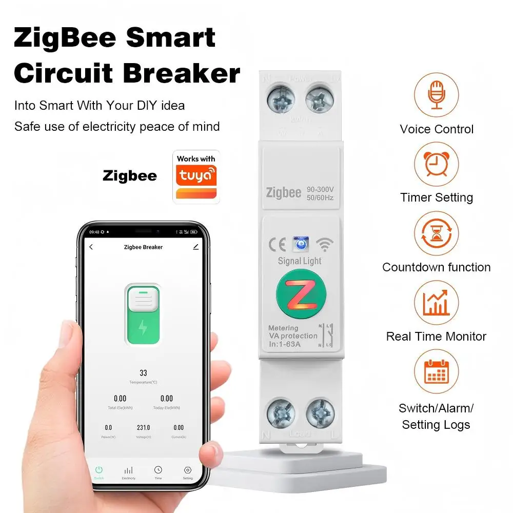 Tuya WiFi/Zigbee Smart Circuit Breaker 1‑63A Energy Monitoring Timing Countdown Loop Switch Overvoltage High Temp Protection