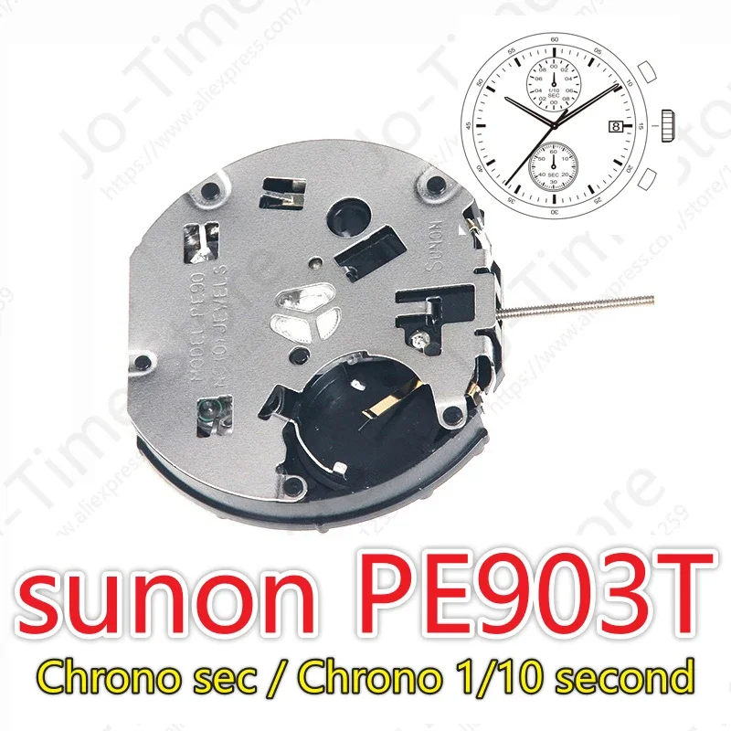 Sunon Pe903T-3 Quartz Watch Movement China Ligne Three Hands with 2 Eyes Date Small Chronograph Second 1/10second
