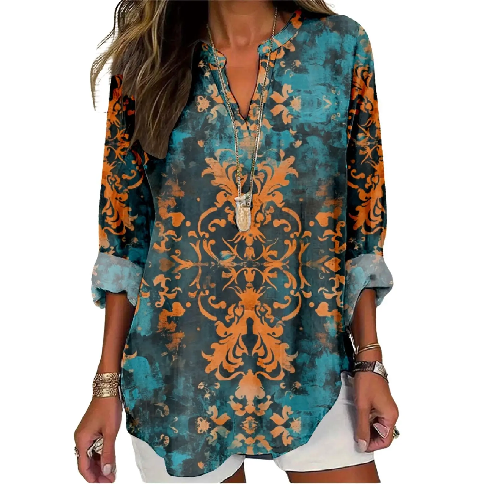 

Льняная рубашка в стиле бохо с цветочным принтом для женщин, блузка с v-образным вырезом и длинными рукавами, винтажная повседневная свободная посадка с принтом, осенние топы-туники