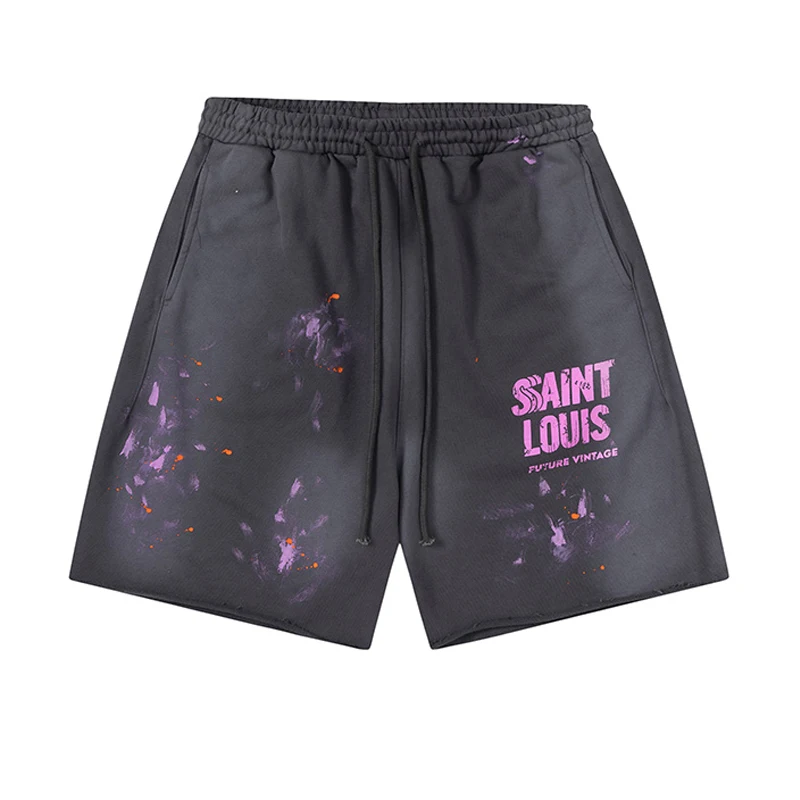 Vintage Wash Black Saint Louis Shorts Men Woman Loose Splashing Ink Graffiti Drawstring Casual Versatile Breeches