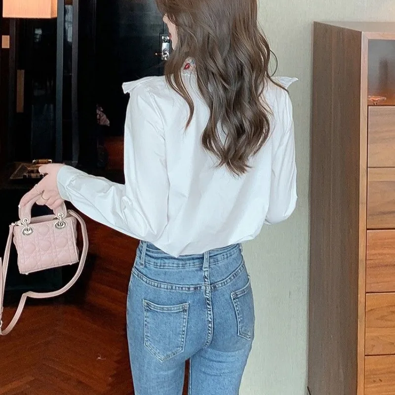 Women\'s Spring Autumn New Shirts Fashion Commute Spliced Ruched Button Peter Pan Collar Long Sleeve Embroidered Solid Blouses