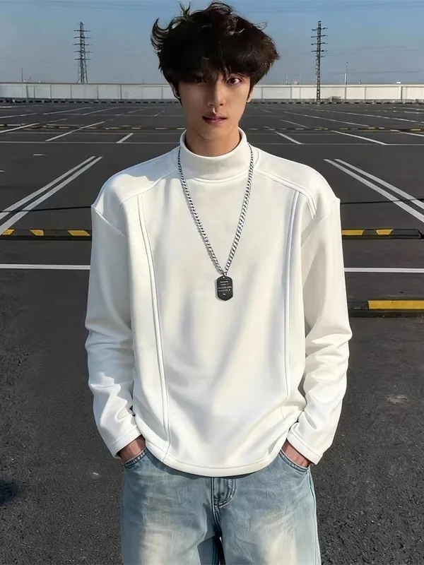 

Белая двусторонняя флисовая футболка с длинным рукавом для мужчин, весенняя, с высоким воротником, термо-базовая, свободного кроя, повседневная, утепленная