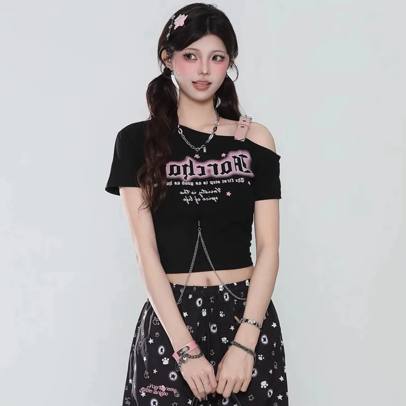 Women's Short Sleeve T-shirt Summer Slim Fit Adjustable Shoulder Strap Letter Print Tshirt Y2K Style Tee Top Matching Chain