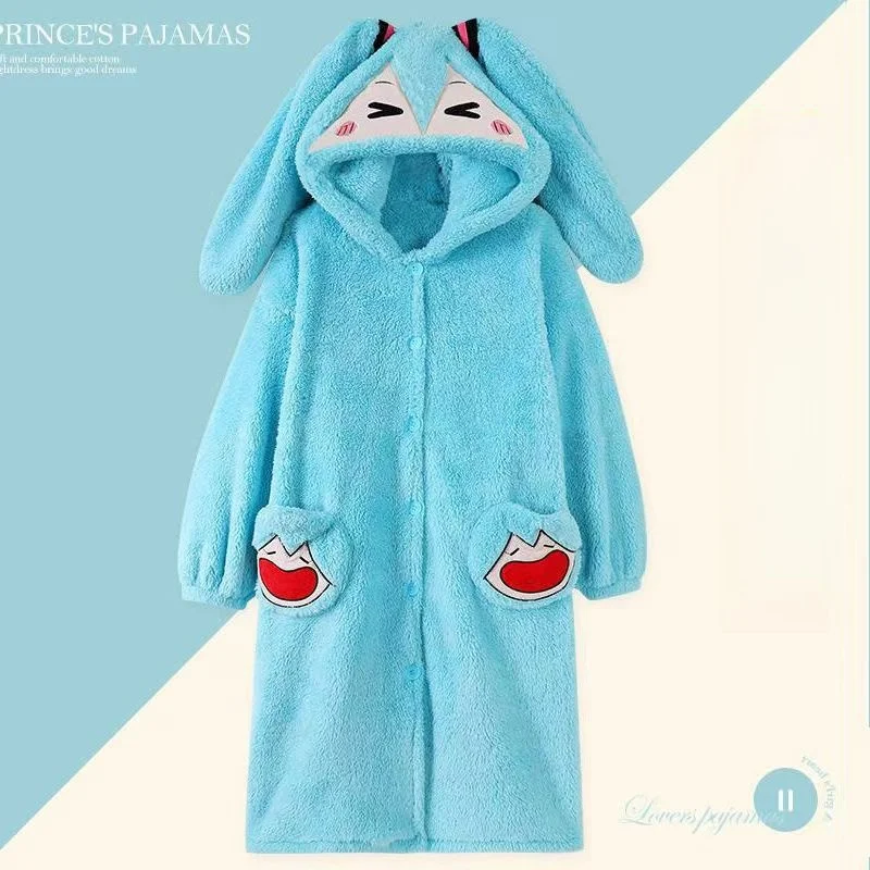 Cartoon Hatsune Miku Coral Velvet Night-Robe Winter New Style Warm Thickened Hooded Pajamas Set Home Clothes Sleepwear And Pants