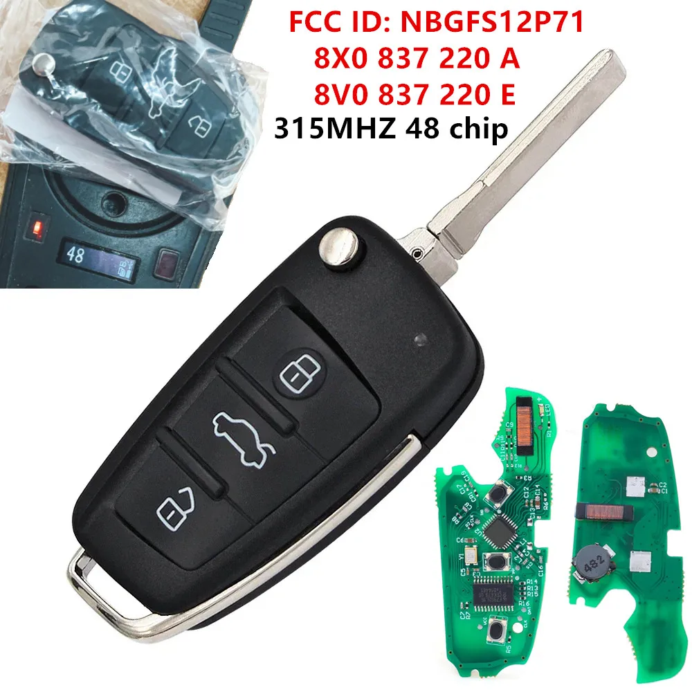 

KEYECU Replacement Flip Remote Key Fob Keyless Proximity 3Button 315MHz 48 Chip For Audi A3 A6 S3 Q3 8X0 837 220 A 8V0 837 220 E