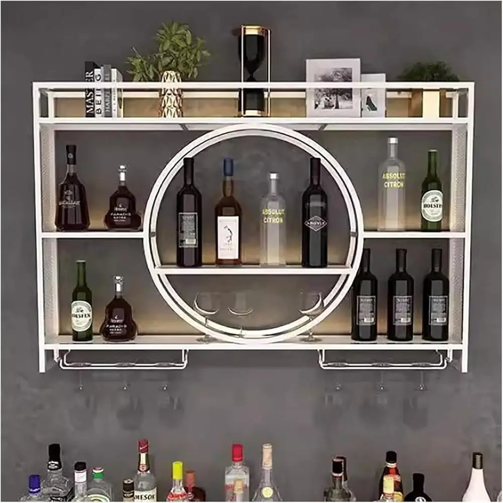 Estante de Vino Metálico de 3 Niveles para Montar en la Pared con Luces LED, Estantes Flotantes para Botellas de Licor, Estante de Exhibición para Cocina (Blanco, 100x