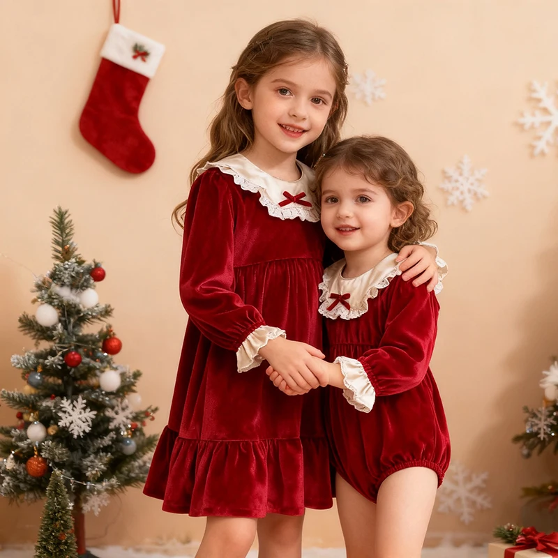 New Christmas Kids Party Bow Red Clothes Twins Sisters Dress Baby Bodysuits Sisters Girls Princess Dress New Year Kids Clothes