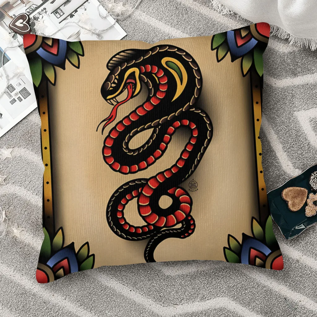 Traditional Tattoo Snake  Polyester Cushion Cover For Home Office Decorative Kawaii Coussincase