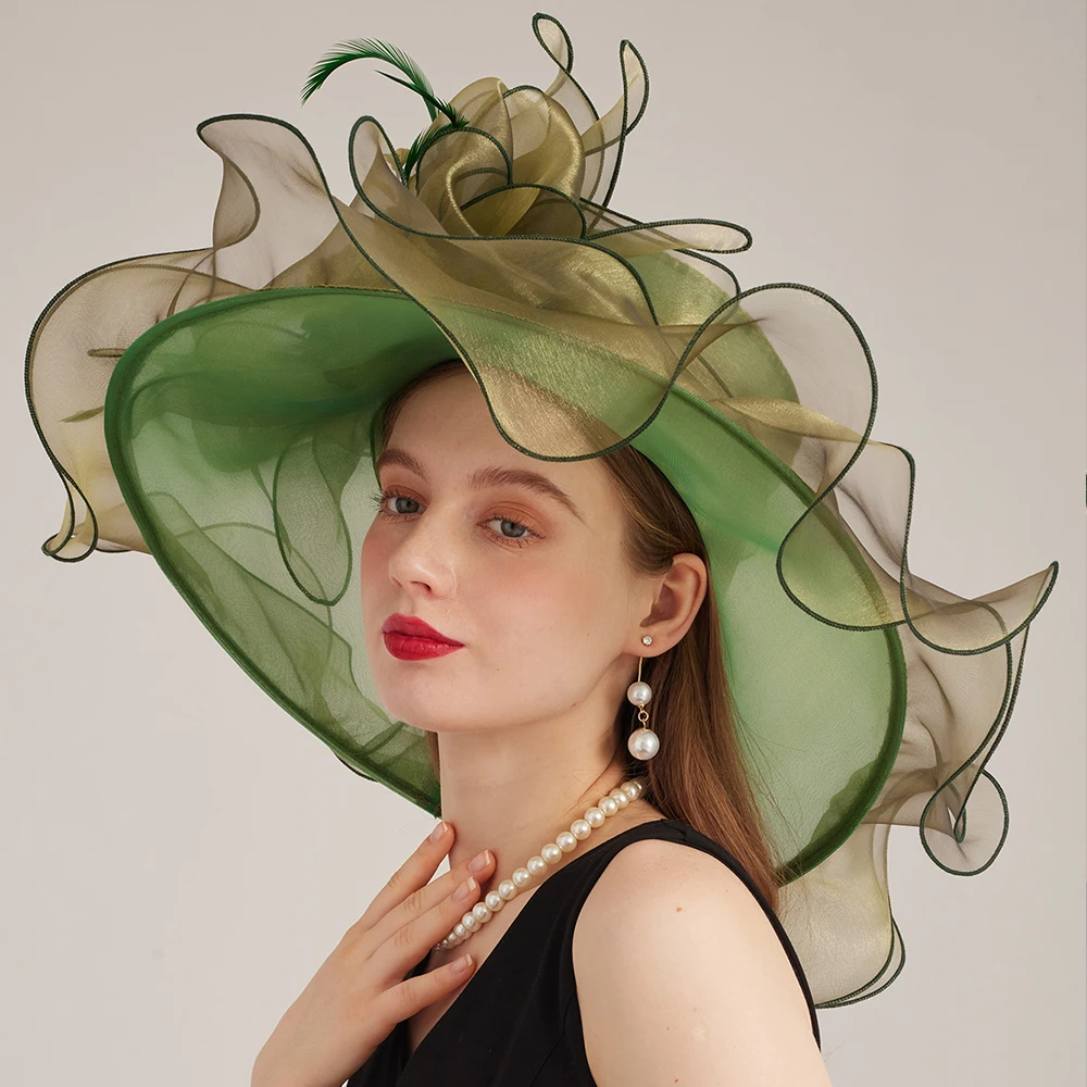 FS Luxury Brand Church Hat For Women Wide Brim Kentucky Derby Cap With Flower Red Green Organza Fascinator Hats Chapeau Femme