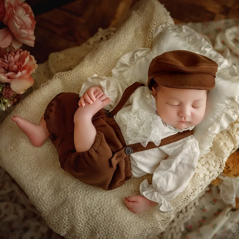 

3 шт., одежда для фотосъемки новорожденных мальчиков, рубашки, брюки на подтяжках с беретом, костюм джентльмена, костюмы для маленьких мальчиков, аксессуары для фотосессии