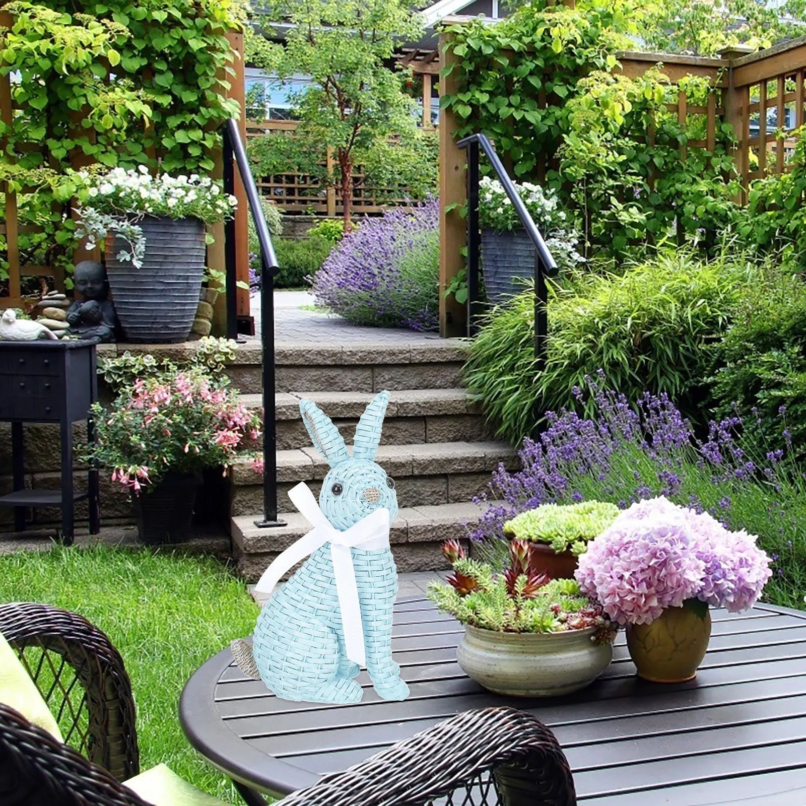 

Easter Bunny Decoration Woven Resin Rabbit Statue Festive Atmosphere Tabletop Bookshelf Bedside Display Indoor Outdoor Use