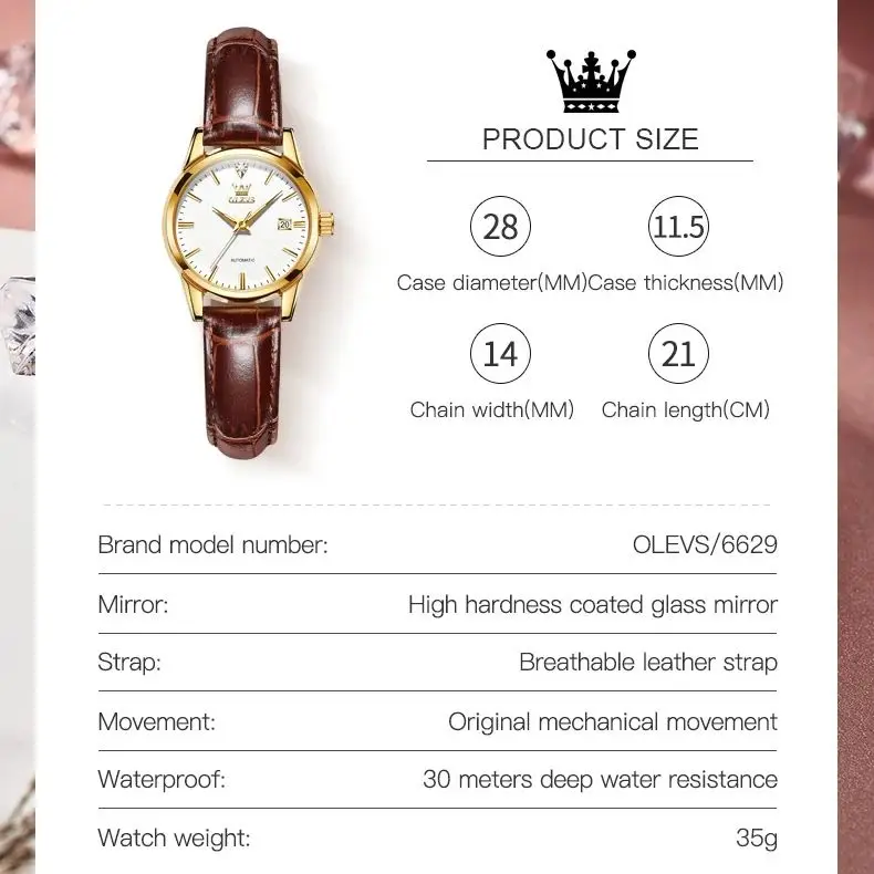 OLEVS 6629 Luxury Brand Automatic Machinery Women's Watch Fashion Waterproof Leather Strap Elegant Women's Watch Reloj Mujer