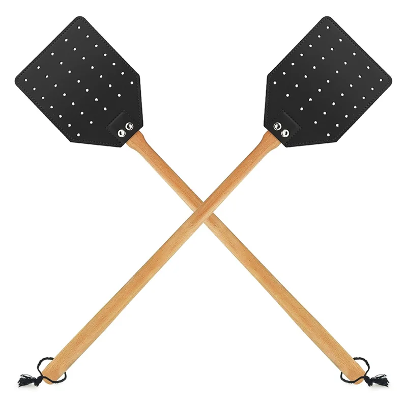 B03C-Leather Fly Swatter For Indoors/Outdoors,Duty Flyswatter With Walnut Wood Handle 19.7Inch Long Fly Swatted Manual 2 Pack