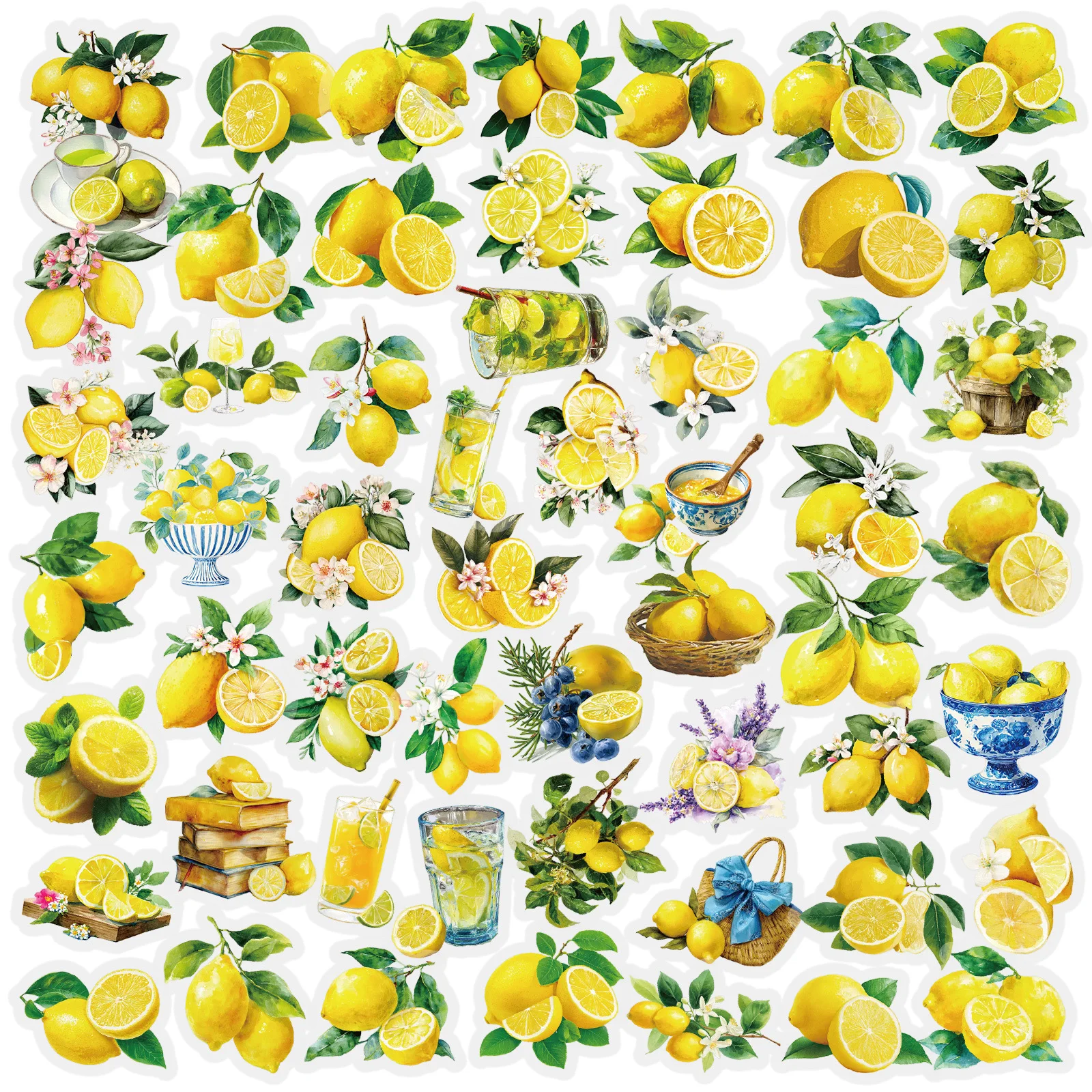 

56Pcs Clear PET Lemon Stickers Watercolor Fruit Botanical Decals Waterproof Scrapbook Junk Journal Recipe Planner Laptop Decor