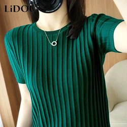 2023 Summer New Loose Thin Style Round Neck Short Sleeve T-shirt Women Fashion Vintage Elegant Screw Thread Knitting Pullovers