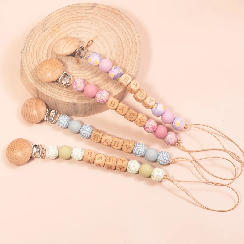 ส่วนบุคคลชื่อ Baby Pacifier คลิปโซ่ซิลิโคนลูกปัดไม้ Teethers Dummy จุกนมผู้ถือคลิปทารกแรกเกิดการงอกของฟันของเล่น