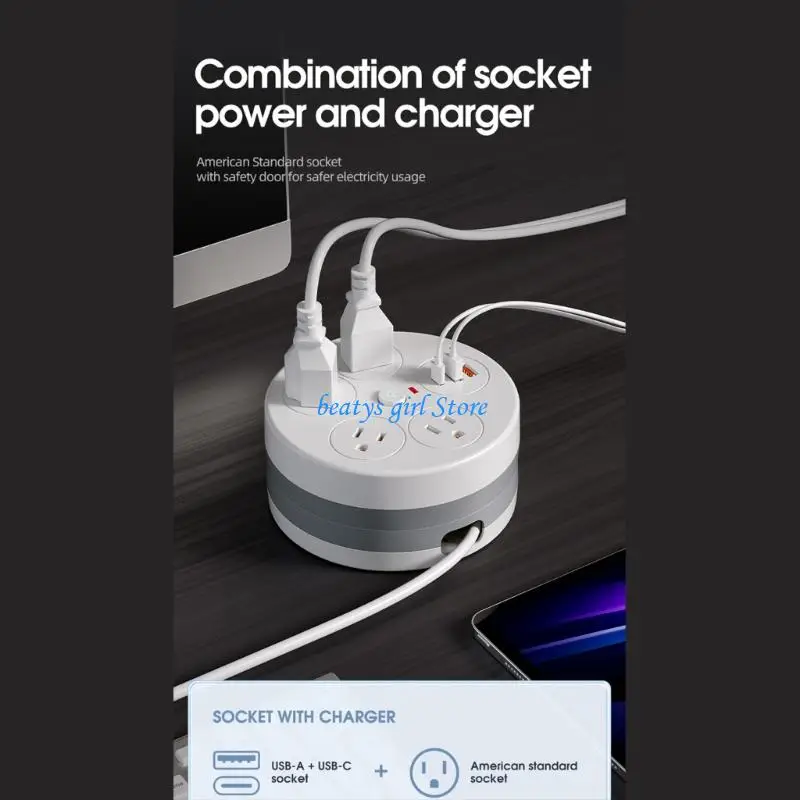 C7AB Practical Round Power Socket With USB C & USB A Port And Retractable Cable Suitable For Various Setting