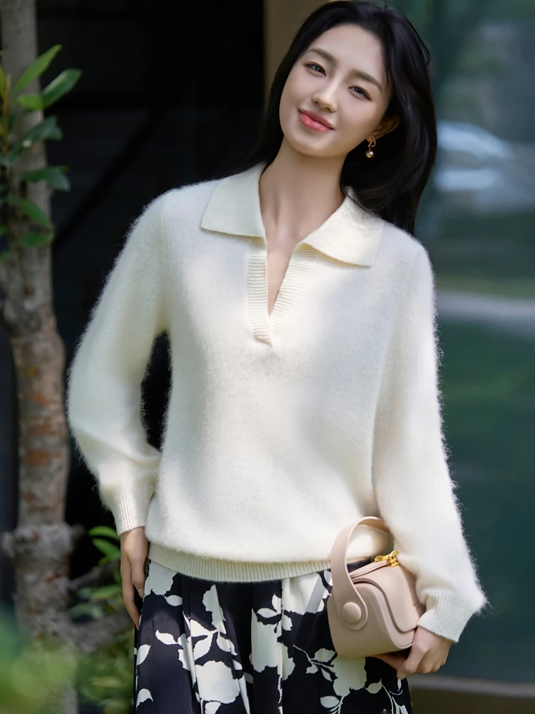 Women's Pullover Improved Craft 100% Merino Wool Knitted Sweater Turn-Down Collar Autumn Winter Warm Soft Chic Clothing Tops