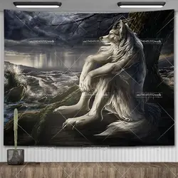 Tapiz Emo White Wolf sentado Meme, tapices de hombre lobo para dormitorio, pinturas impresas para decoración del hogar, carteles colgantes de pared para habitación