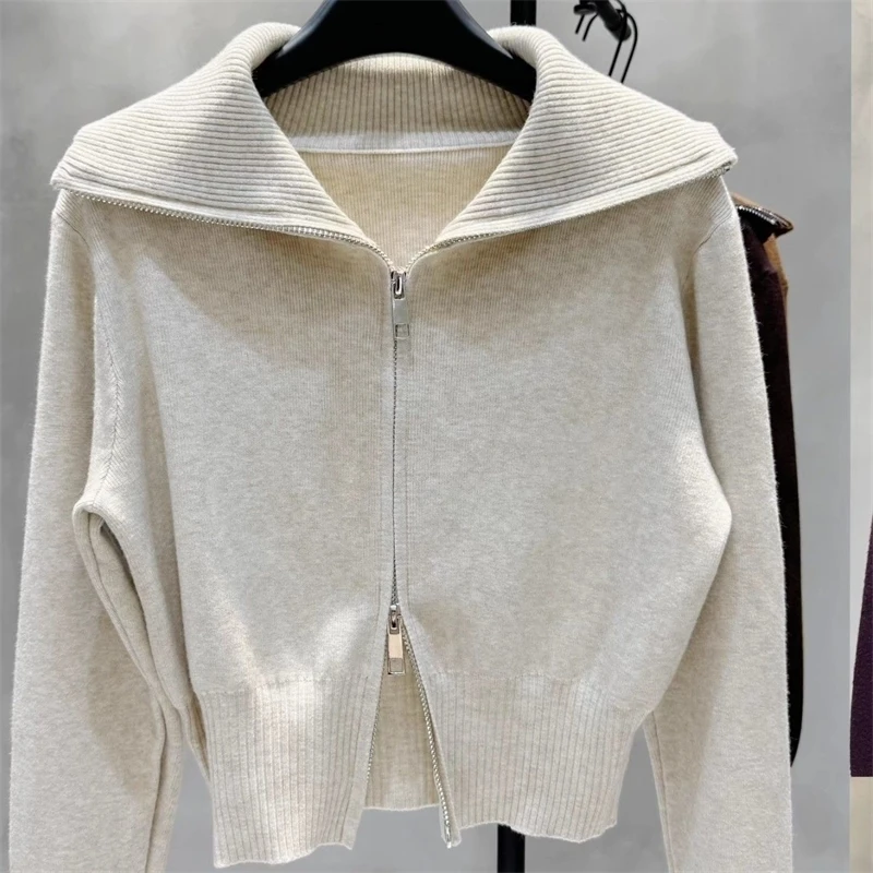 

Spring Autumn Women Long Sleeve Sweater Jacket 2026 Female Lapel Knitting Coat Korean Lady Fashion Loose Zipper Knitted Cardigan