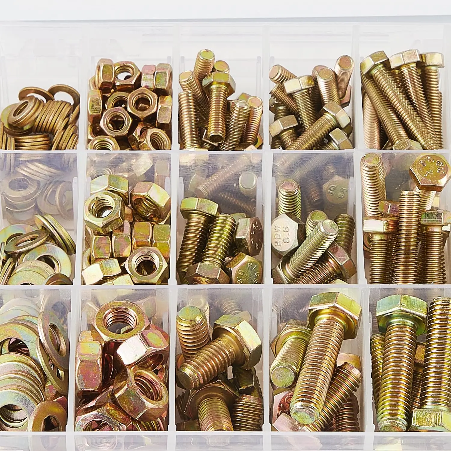 

408 sets of M5, M6 and M8 hexagon head bolt-nut combination kits, 8.8 grade alloy steel, full machine thread, galvanized