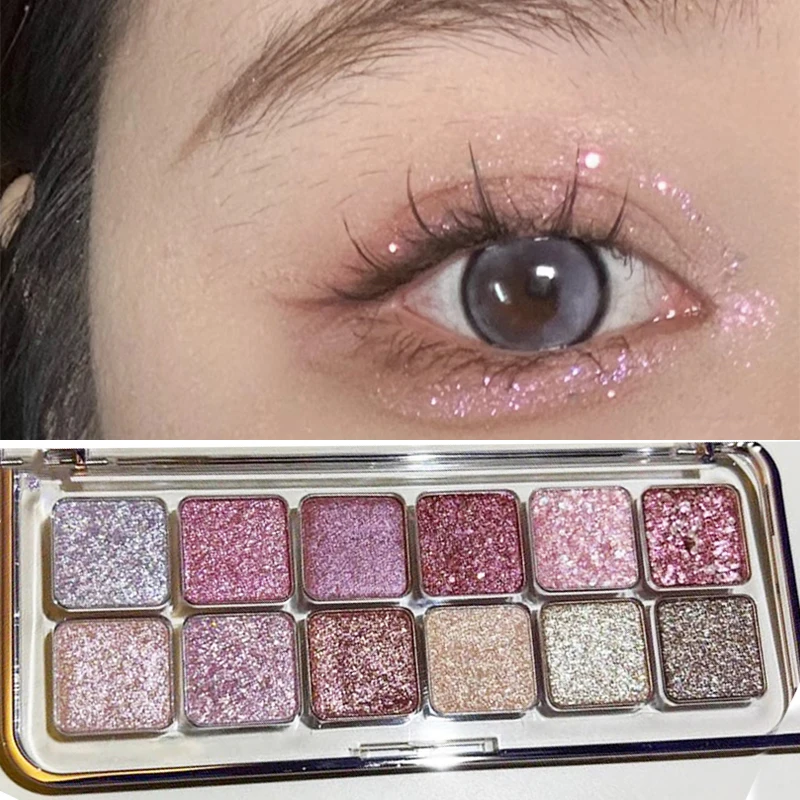 All Glitter Peach Sequin Eyeshadow Palette 12Colors Pink Pearly Highlights Shiny Polarized Flash Charming Eyes Makeup Pallete