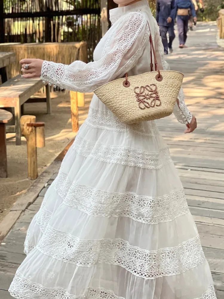 UCXQ Elegant Long Dress European Style Hollow Out Splicing Waist Cinching Fashion Vacation Dresses Women 2024 Spring Autumn 1649