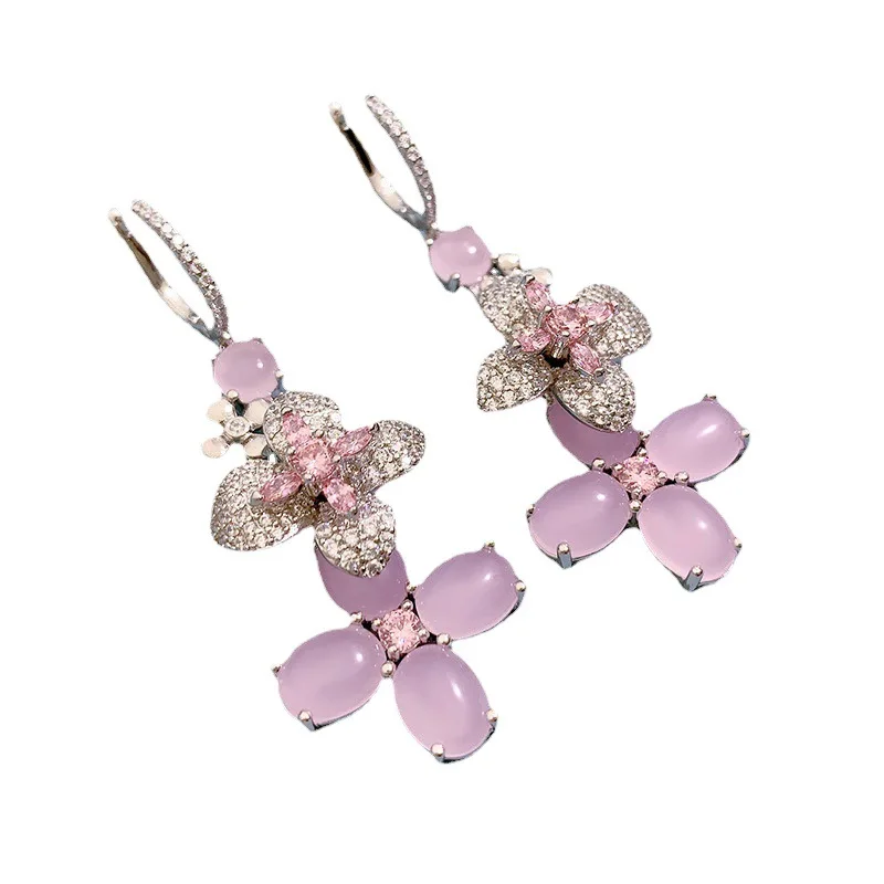 

ZOCA 925 Sterling Silver Flower Shape Pink Crystal Earrings Inlay 7*9 Pink Diamond Female Stud Earrings Sweet Style