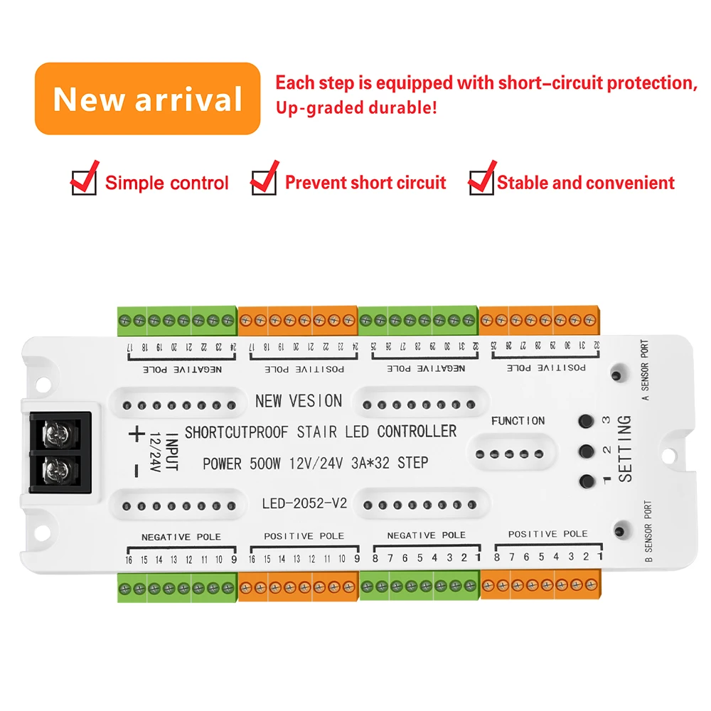 Imagem -03 - Stair Led Motion Sensor Light Controlador de Curto Circuito Escada Night Light Evitar 32 Canais dc 12v 24v