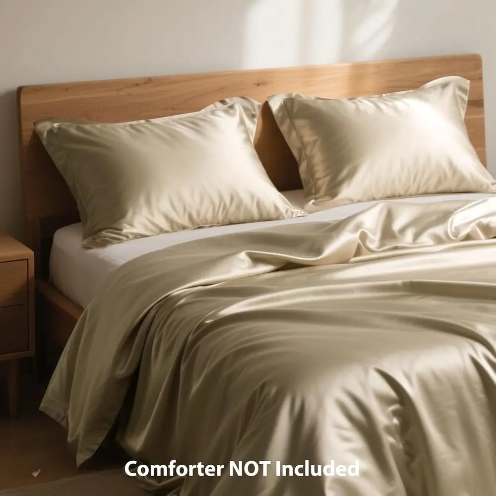 킹 사이즈 샴페인 골드 새틴 이불 커버 세트, 지퍼 클로저가 있는 3피스 럭셔리 소프트 침구