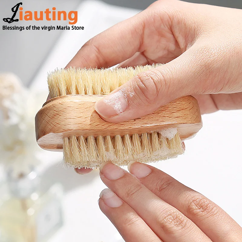 Double Sides Brushes Nail Cleaning Brush With Wooden Handle Natural Bristles Manicure Pedicure Tool Scrubbing Brush